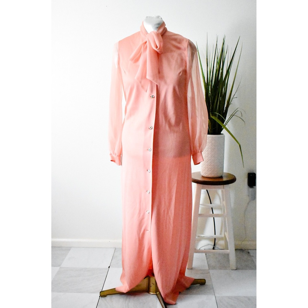 Lilli Diamond Maxi Dress Womens L Peach 70s Sheer Sleeve Bow Tie Rhinestone